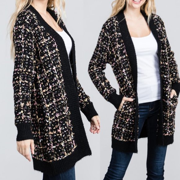 Black Confetti Tweed Knit Open Front Long Cardigan - Picture 5 of 12